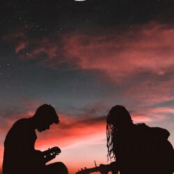 Romantic Couple Playing Guitar Sunset Half Moon