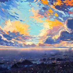 Download Anime Landscape, Sea, Ships, Colorful, Clouds