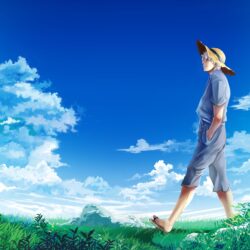 Download Wallpapers the sky, clouds, hat, meadow, guy, Gintama