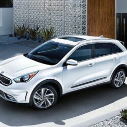 2019 Kia Niro EV hybrid white color park outside home wide 4k hd