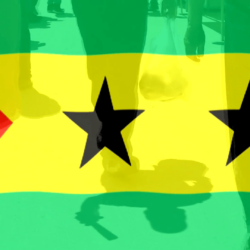 Sao Tome and Principe State Flag Waving and People Walking in the