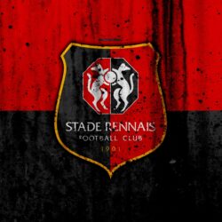 Download wallpapers FC Rennes, 4k, logo, Ligue 1, stone texture