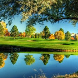 tranquility, fall, meadows, river, grass, golf course, reflection