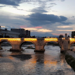 Beautiful Night View of Stone Bridge over Vardar River in Skopje