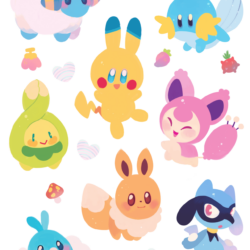 Mareep, Pikachu, Mudkip, Budew, Skitty, Eevee, Swablu, and Riolu