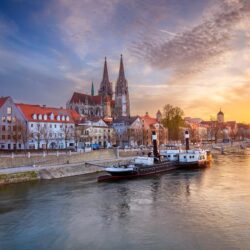 Wallpapers the sky, sunset, river, building, home, Germany, Bayern