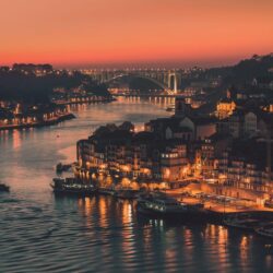portugal town porto night lights river channel bridge HD wallpapers