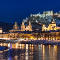 City night, Salzburg, Austria, river, winter, snow, houses, lights