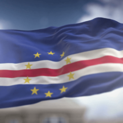 Cape Verde Flag Waving Slow Motion 3D Rendering Blue Sky Backgrounds
