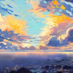 Download Anime Landscape, Sea, Ships, Colorful, Clouds