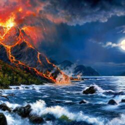 Erupting Volcano Oil Painting Art Picture Image Wallpapers HD Free