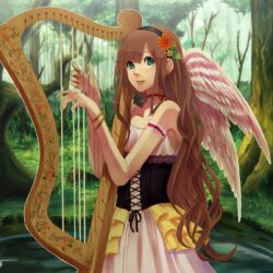 Download wallpapers girl, harp, wings, smile, nature hd