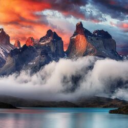 mountain, Torres Del Paine, Patagonia, Chile, Sunrise, Clouds, Lake