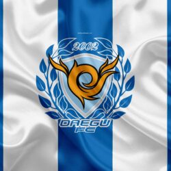 Download wallpapers Daegu FC, silk flag, 4k, logo, emblem, blue silk