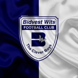 Download wallpapers Bidvest Wits FC, 4k, logo, blue white silk flag
