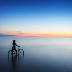 women outdoors, Sea, Bicycle, Latvia, Sunset Wallpapers HD