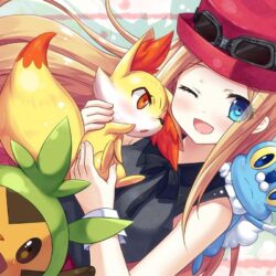 blue eyes, chespin, fennekin, froakie, goggles, hat, mitsuki