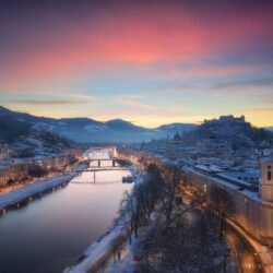 Salzburg, Austria, cityscape, city, river, winter, snow, mountains