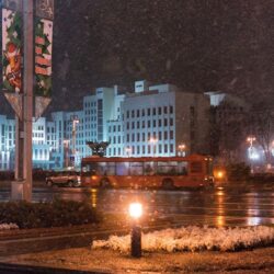 Picture Belarus Minsk Winter Snow Street Night Street lights Cities