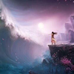 Tsunami, Wave, Girl, Rock, Art, Flute, Tree Wallpapers