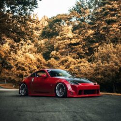 Red Nissan 350z Car Tuning Fall Forest Street HD Wallpapers