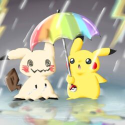 Pikachu protecting Mimikyu from the rain
