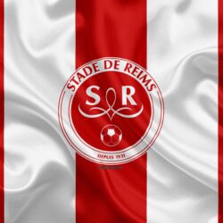 Download wallpapers Stade de Reims, 4k, silk texture, logo, red