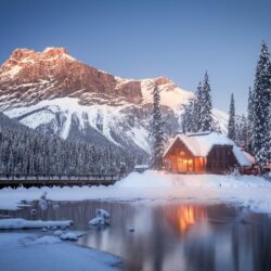 Wallpapers winter, snow, trees, mountains, lake, Canada, house