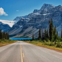 Canada Canadian Rockies road trees lake mountains wallpapers