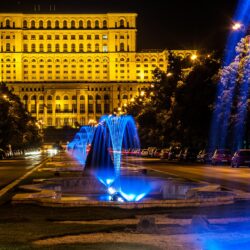 Image Romania Fountains Bucharest night time Cities Houses