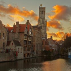 Wallpapers Bruges, Belgium, river, houses, clouds, dusk HD
