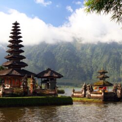 Temple on a backgrounds of mountains in Bali wallpapers and image