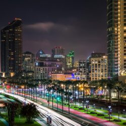 Photo San Diego USA Street palm trees night time Skyscrapers Street