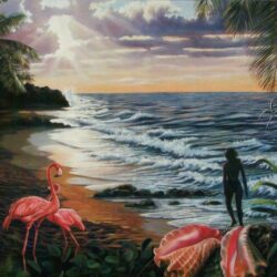 Beach: Art Flamingos Trees Shells Palm Bahama Nassau Bahamas Beach