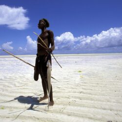 Fisherman on the Beach at low Tide / Zanzibar / Tanzania / Africa