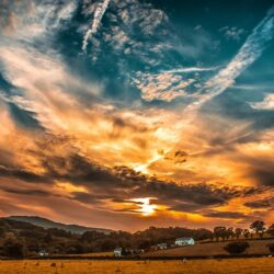 Download wallpapers sunset, sky, clouds, field, trees