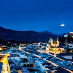Austria, Salzburg, city night, street, houses, lights, mountains