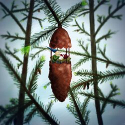 Download wallpapers tea party, art, pine cone, gnome