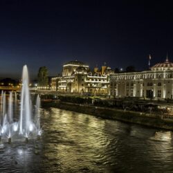 Photos Fountains Skopje Macedonia night time Cities Houses